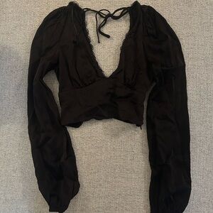 Zara Black Deep V Long-Sleeve Tie-Back Crop Top